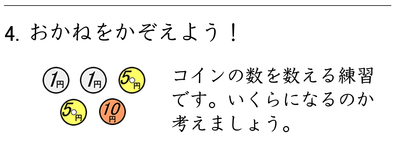 コインを使ってお金を数える練習をします。