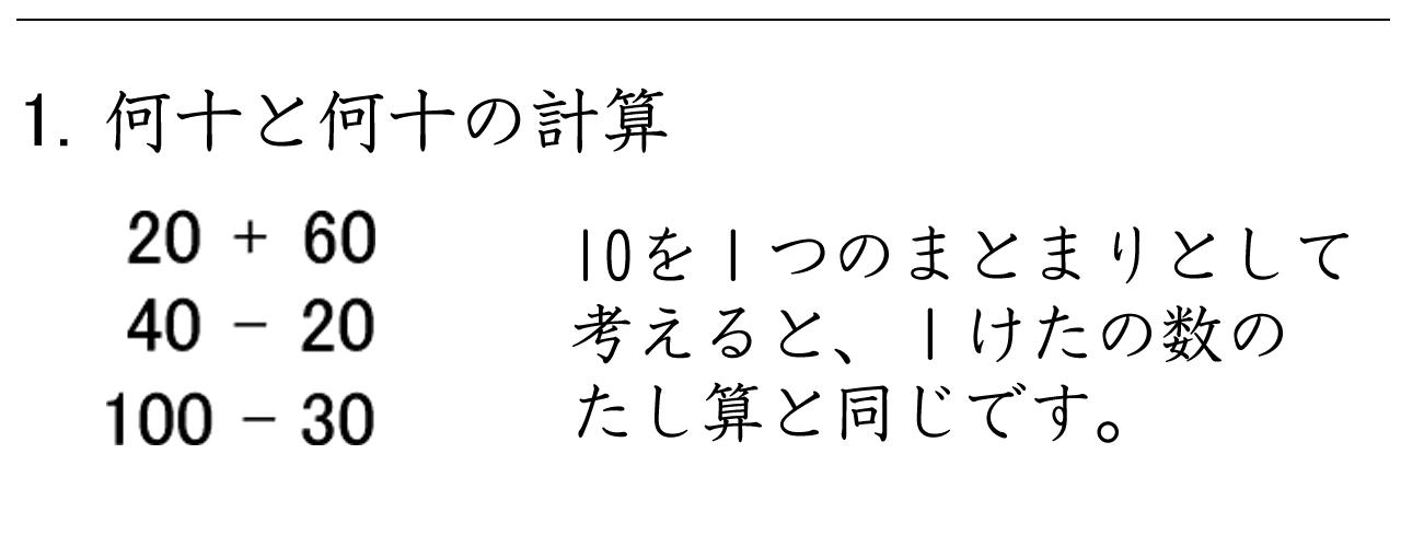 何十と何十の計算は、１０を１まとまりにして考えます。