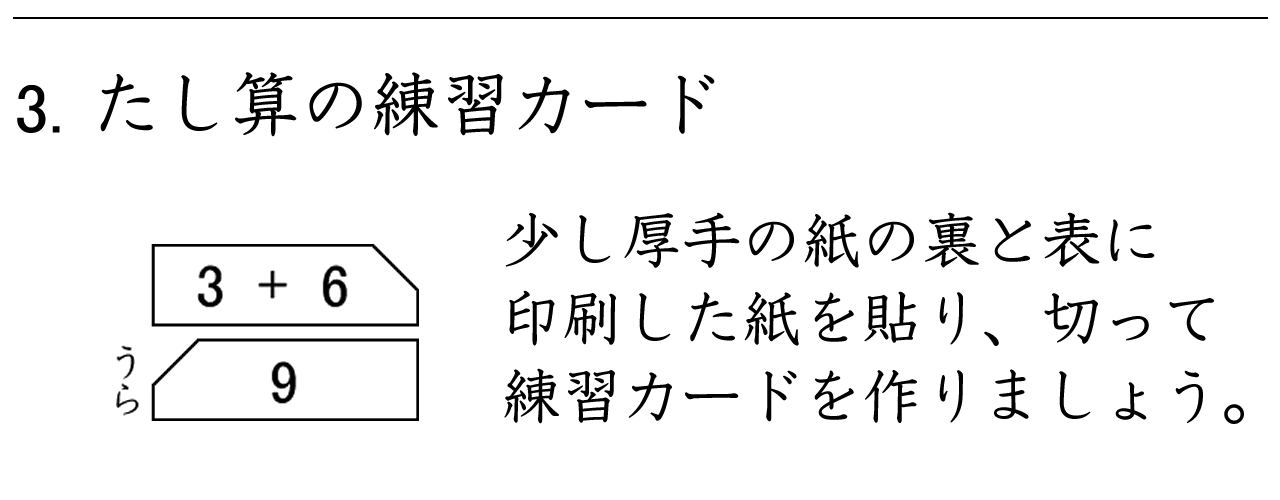たし算の計算カード（練習カード）を作りましょう。