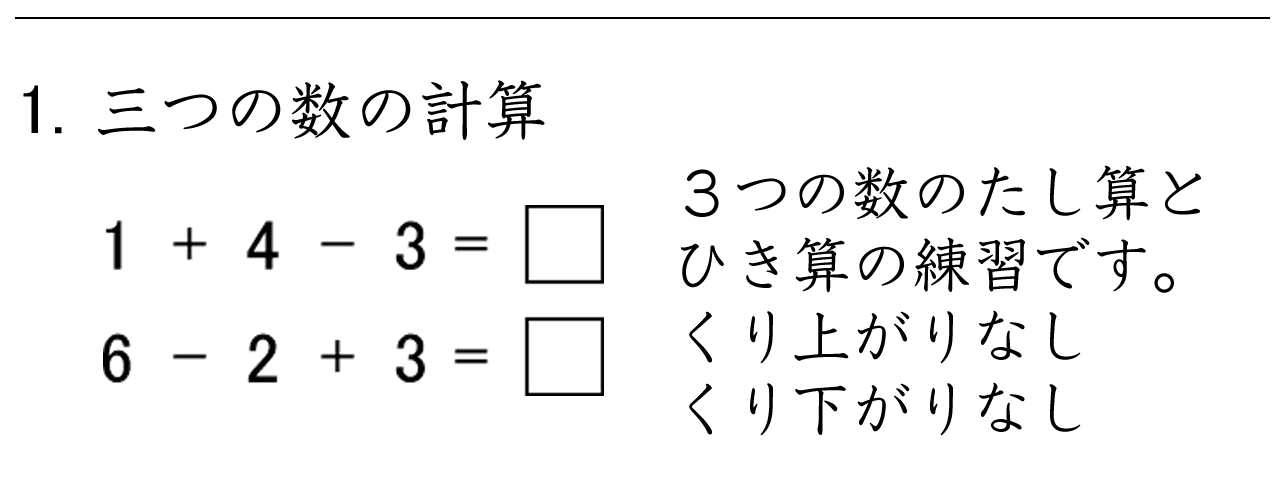くり上がりなし、くり下がりなしの三つの数のたし算とひき算の練習です。