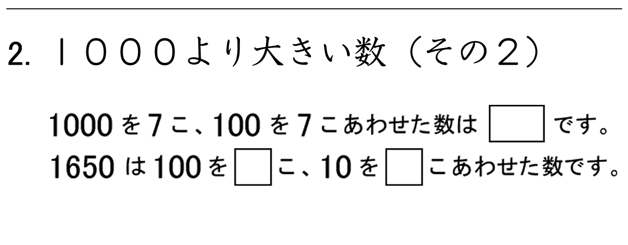 １０００を７こ、１００を７こ合わせた数は７７００のように、４けたの数のしくみを身につける学習ができます。