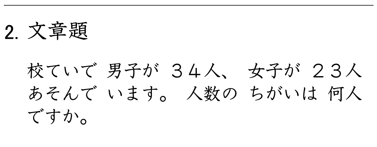 くり下がりのないひき算の文章問題の練習ができます。
