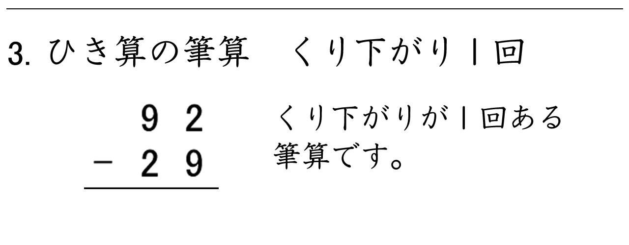 くり下がりが１回あるひき算の筆算問題の練習ができます。