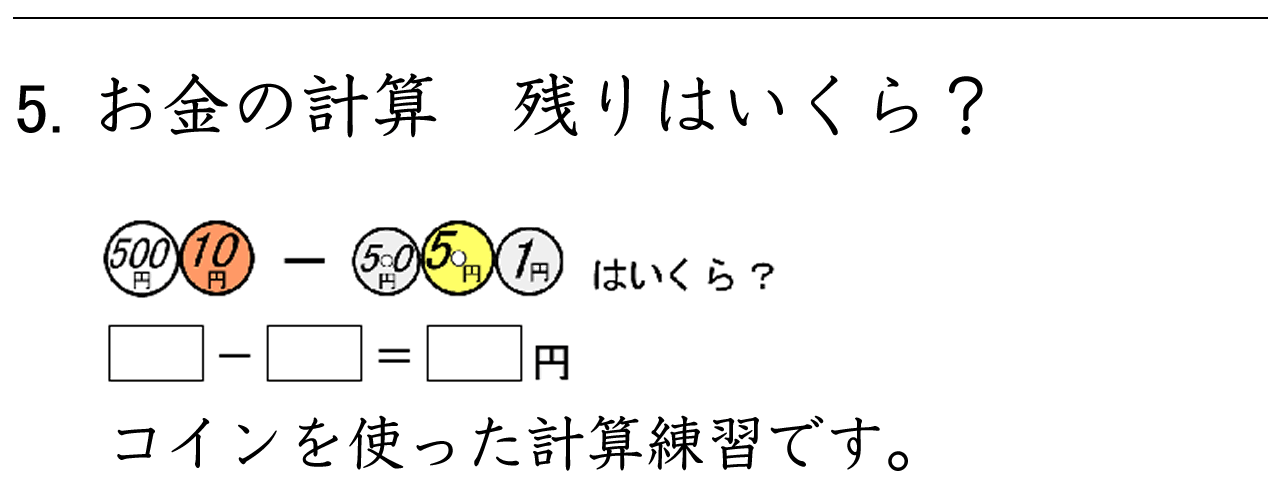 「残りはいくらですか」のように、コインを使った１００より大きいお金の計算練習ができます。