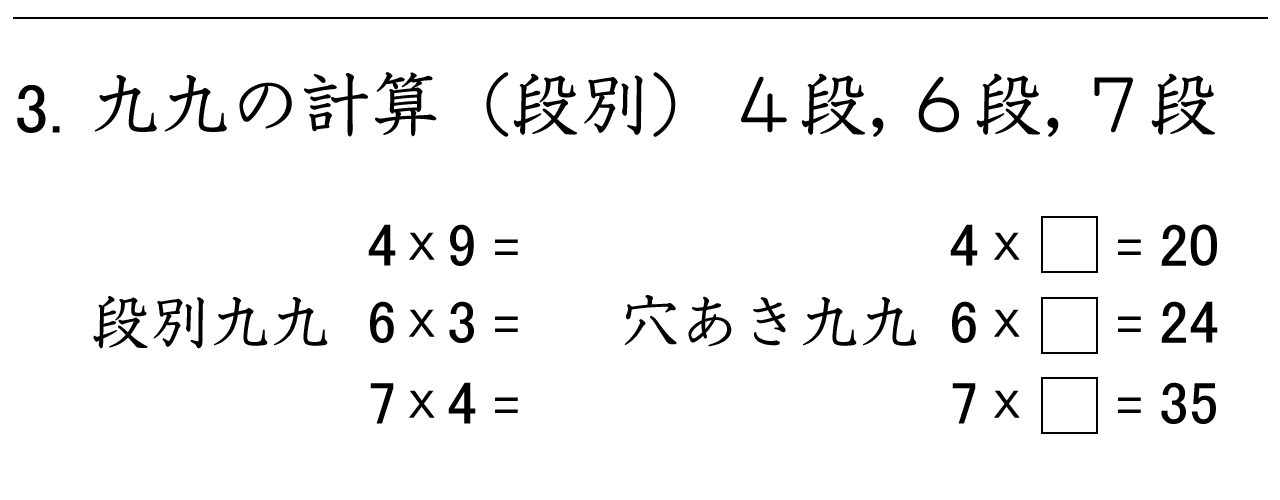 九九の段別計算（４段、６段、７段）と穴あき九九の練習ができます。