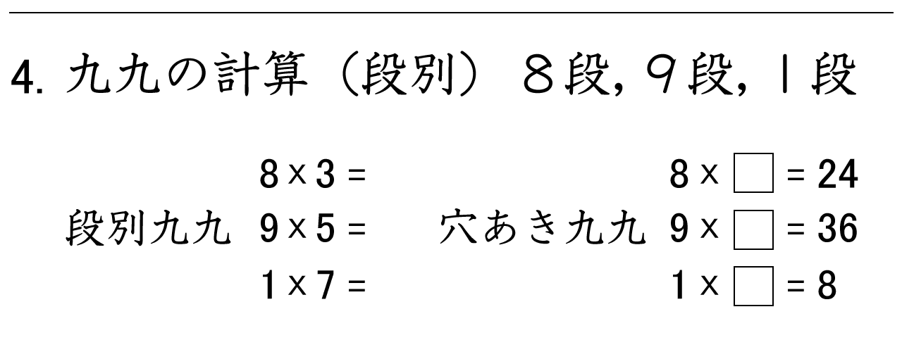 九九の段別計算（８段、９段、１段）と穴あき九九の練習ができます。