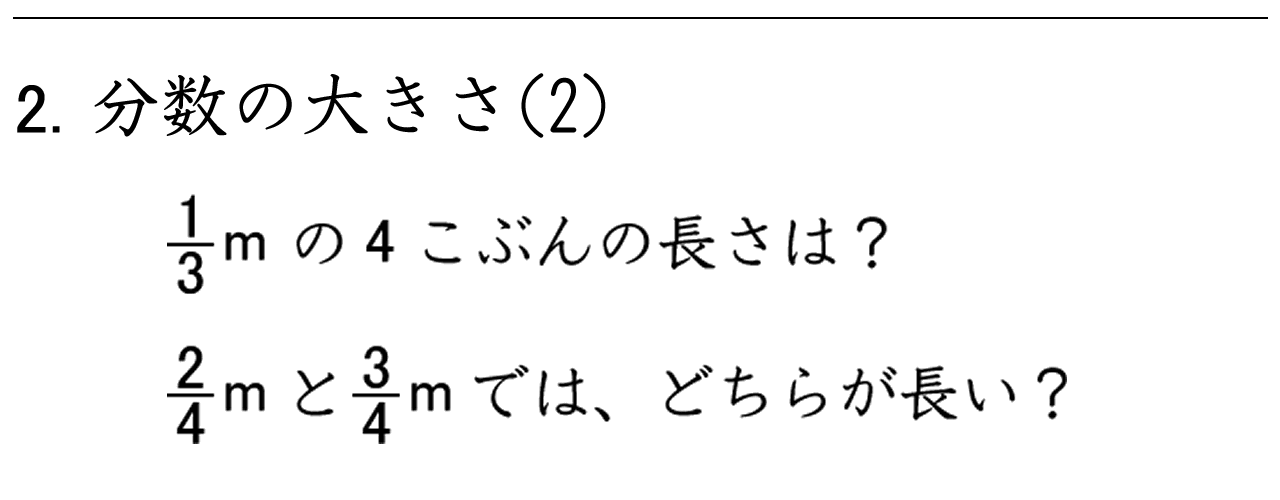 分数の大きさ（２）です。１／３ｍの４こ分の長さは何ｍですか。分数と小数の関係は？
