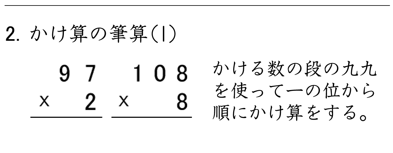 ２けた✕１けた、３けた✕１けたの筆算計算の練習ができます。