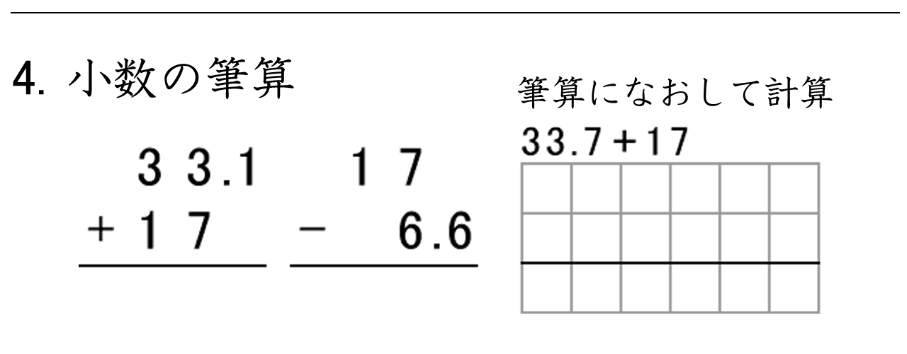 小数のたし算とひき算の筆算練習ができます。