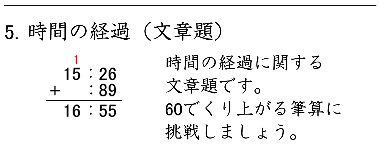 時間の経過に関する文章題です。６０分でくり上がる時間の筆算に挑戦しましょう！