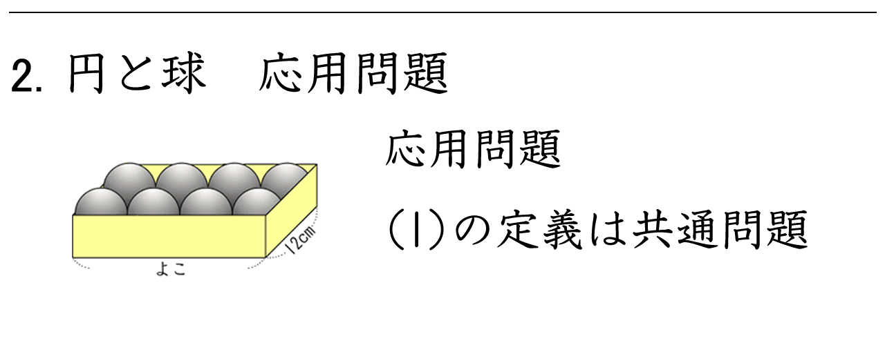 円と球の応用問題です。箱の中に入っている玉の半径や直径を考える練習をします。
