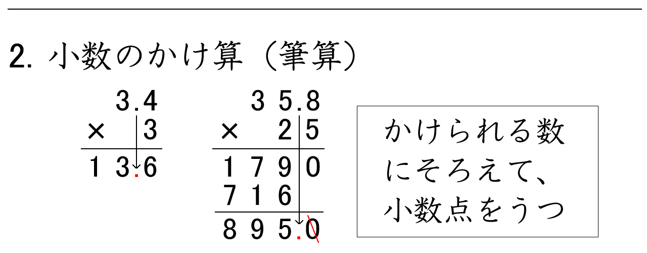 3.4×3など、小数のかけ算の筆算で小数点の位置を考える練習問題
