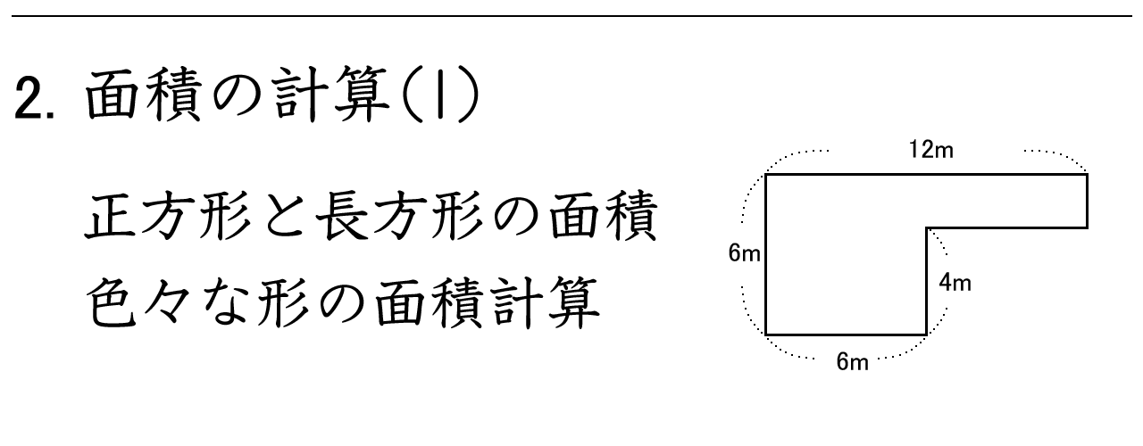 長方形や正方形を組み合わせた図形の面積を求める練習問題