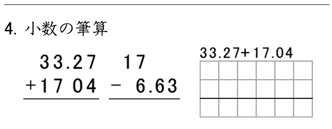 小数のたし算とひき算の筆算を練習する問題