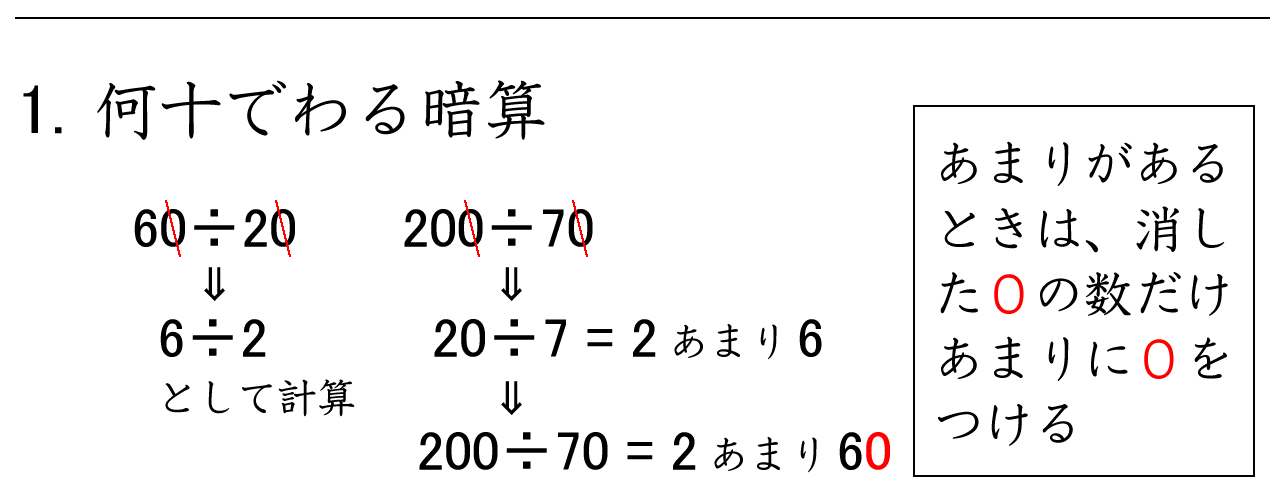 何十を何十でわる暗算や、何百を何十でわる暗算の練習問題