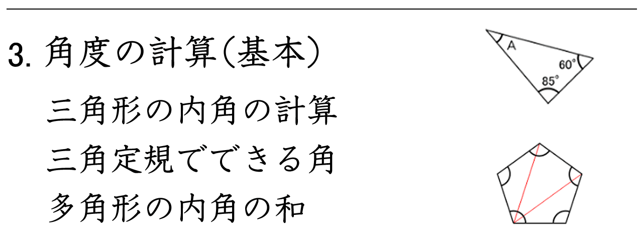 三角形の角度計算、三角定規でできる角と多角形の内角の和を計算します。
