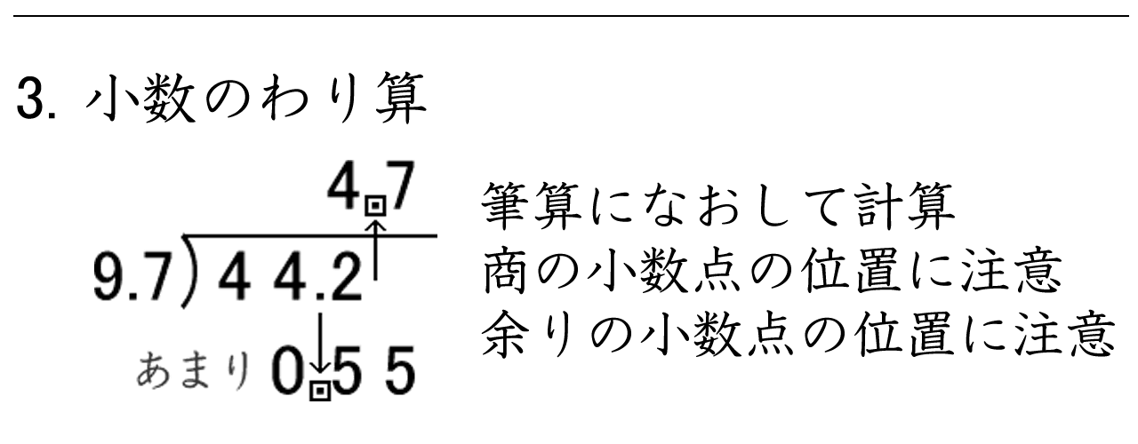 商の小数点の位置に注意しながら小数のわり算の練習ができます。