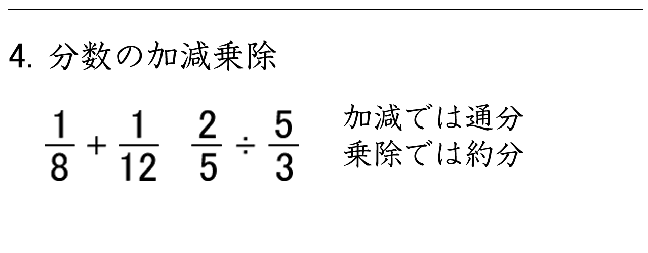 分数の加減乗除の練習が１枚のプリントでできます。加減では通分、乗除では約分に注意して計算しましょう。