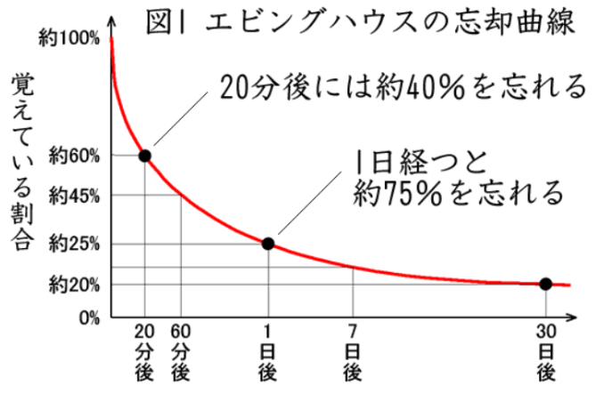 図1：学習後に時間が経過するにつれて、記憶の保持が低下する様子を示す忘却曲線の説明図