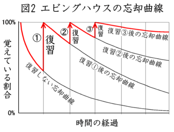 図2：復習を繰り返すことで、記憶の保持が改善するイメージを示した模式図